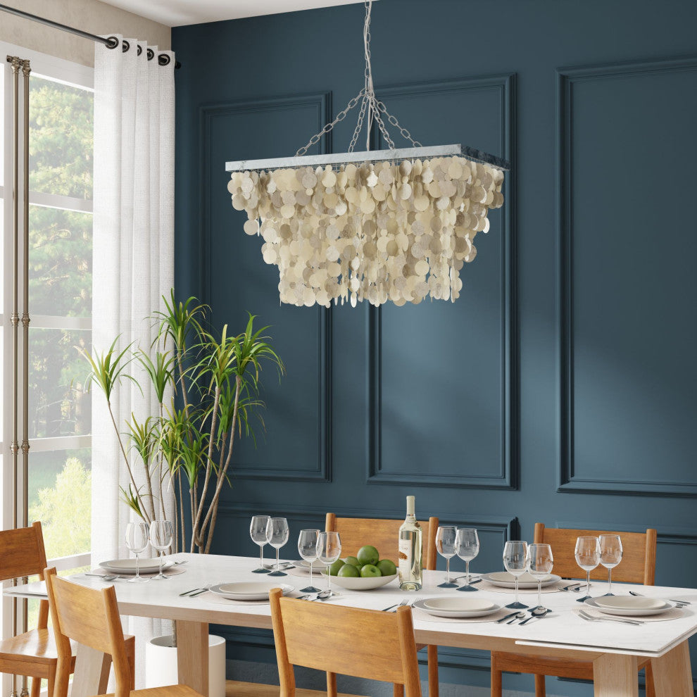 Rectangular Rain Drop Capiz Seashell Chandelier, Champagne