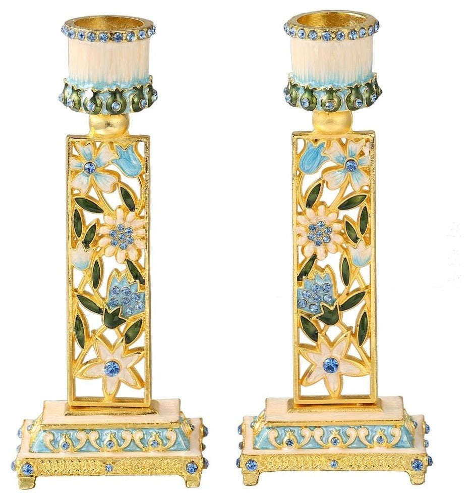 Shabbat Candlestick (2-Piece Set) Hand-Painted  Gold-Plated Pewter