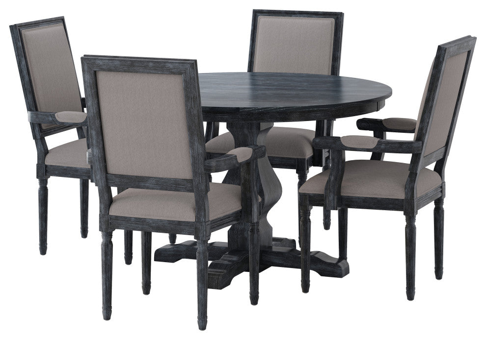 Joretta French Country Fabric Upholstered Wood 5-Piece Circular Dining Set, Gray