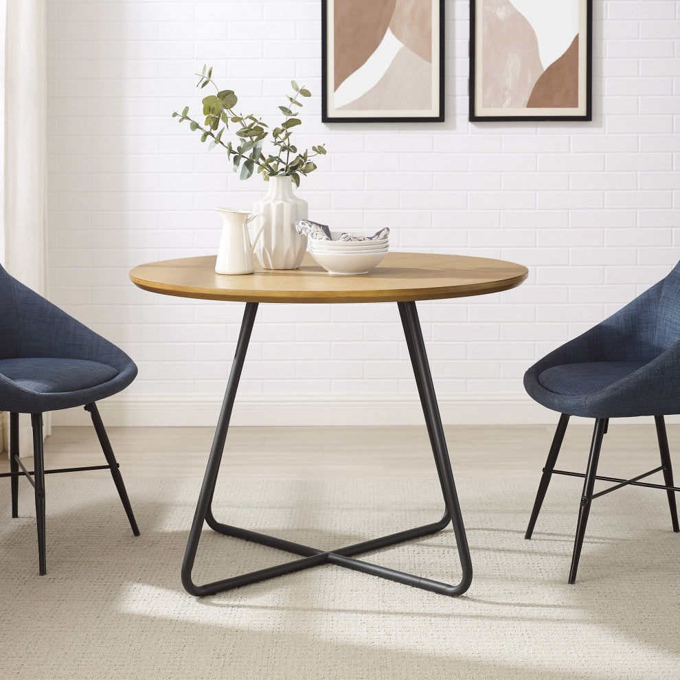 Modern Dining Table, Crossed Black Metal Base & Round English Oak Finished Top