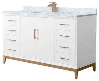 Amici 60" White Single Vanity, White Carrara Marble Top, Satin Bronze Trim