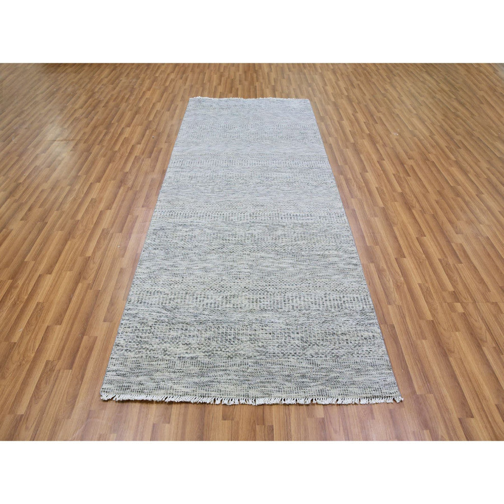 Silver Gray 100% Undyed Wool Grass Design Hand Knotted Wide Runner Rug 4'x10'1"