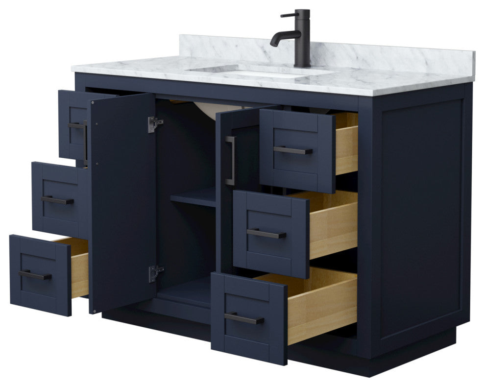 48" Single Bathroom Vanity, Dark Blue, Carrara Countertop, Sink, Black Trim