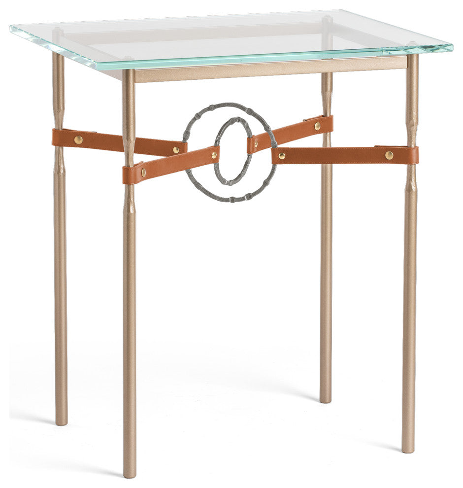 Equus Side Table, Soft Gold Finish, Natural Iron Accents, Black Leather Strap