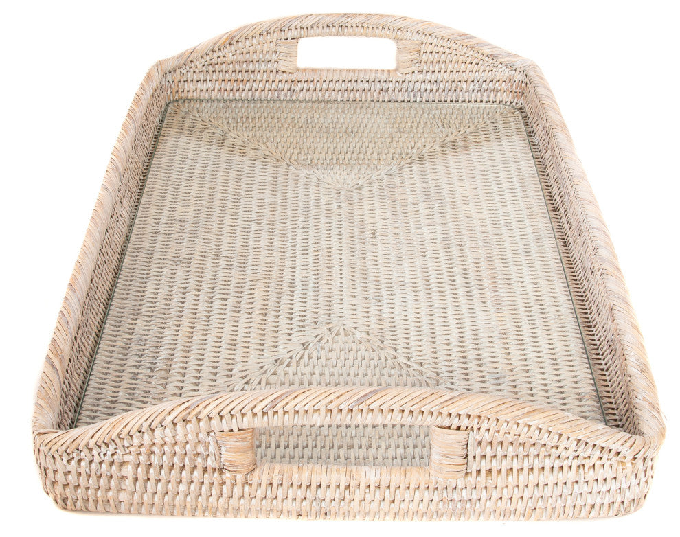 Rectangular Tray With Glass Insert, White Wash, 21"x14"x2"