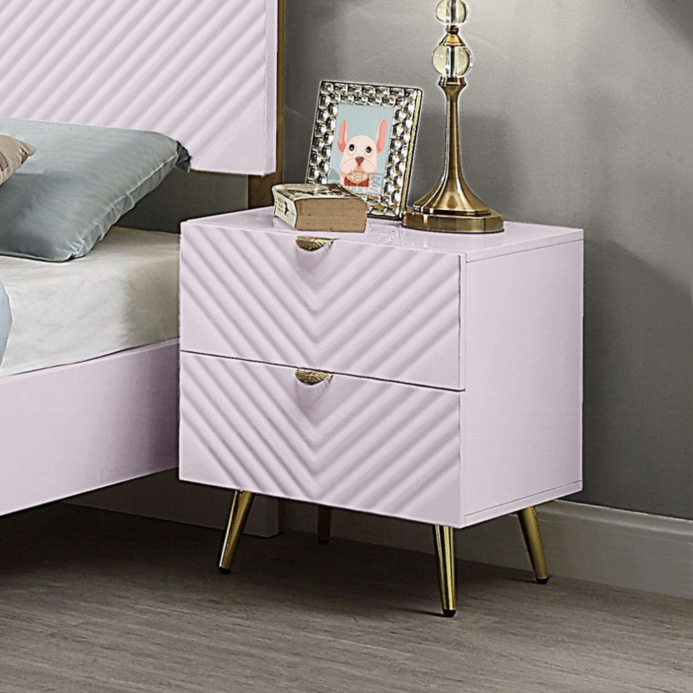 2-Drawers Wooden Nightstand With Metal Legs, High Gloss Pink Finish