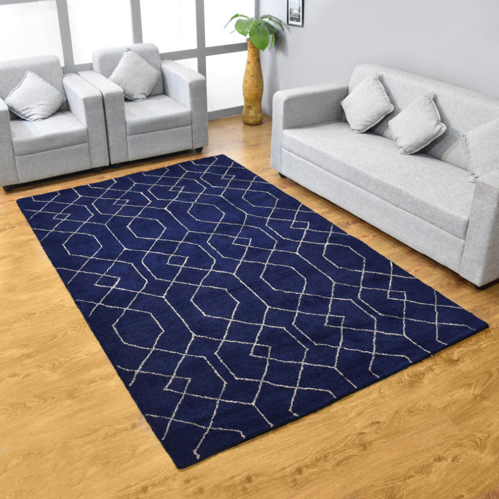 HAND KNOTTED LOOM SILK ECO-FRIENDLY RUGS-5'x8',Rectangle,Blue White,Geometric