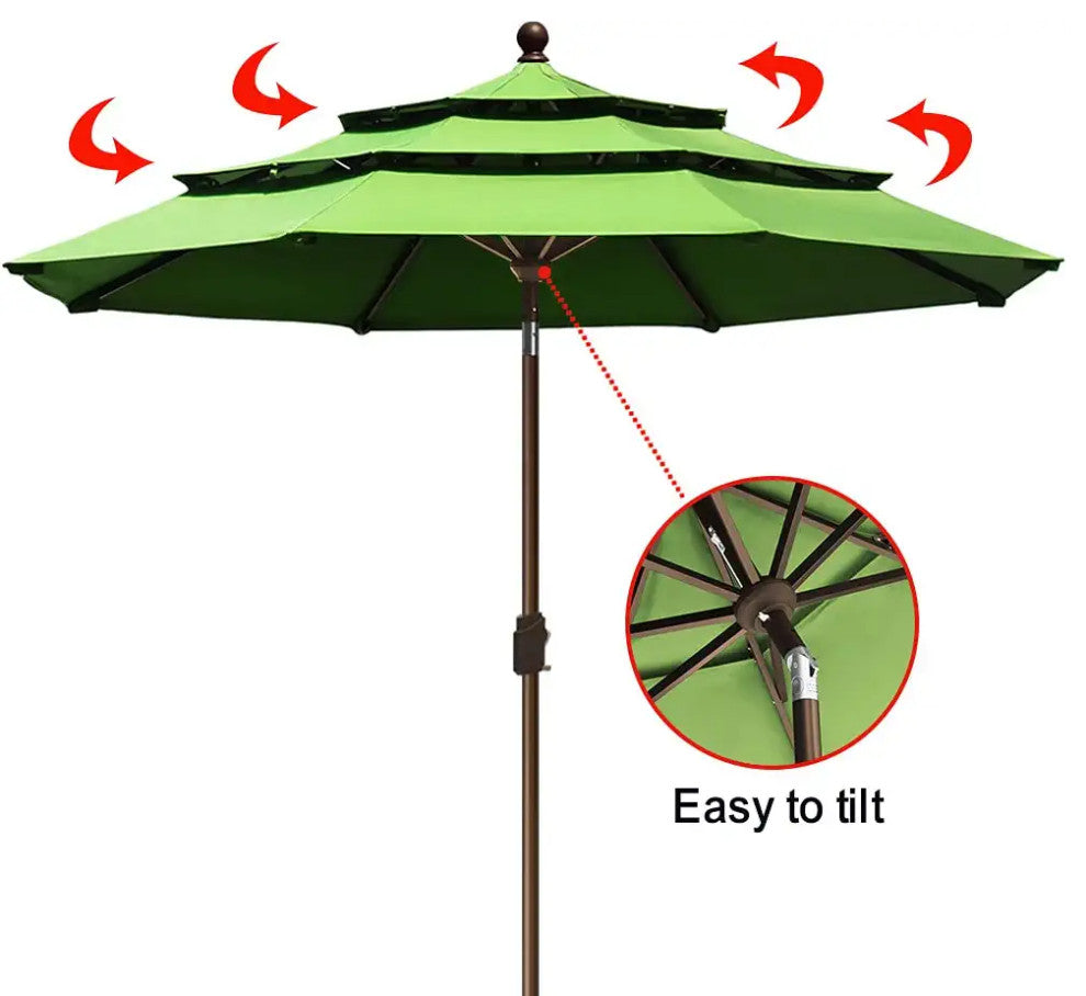 9ft Patio Umbrella with Crank Lift and Ventilated 3 Tier Design, Mascaw Green