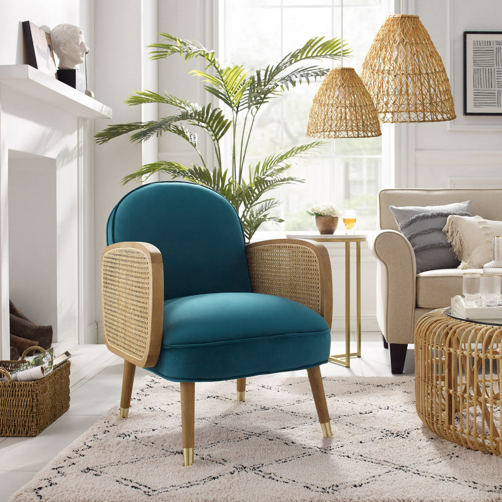 Modern Blue Velvet With Cane Accent Chair