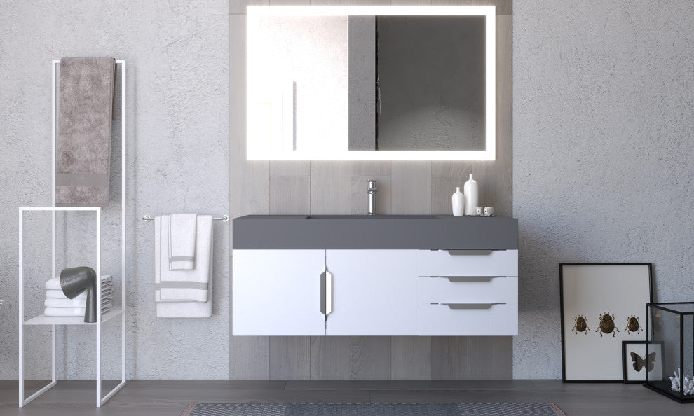 CastelloUSA Amazon 48" Wall Mounted Vanity Set, White, Gray Top, Chrome Handles