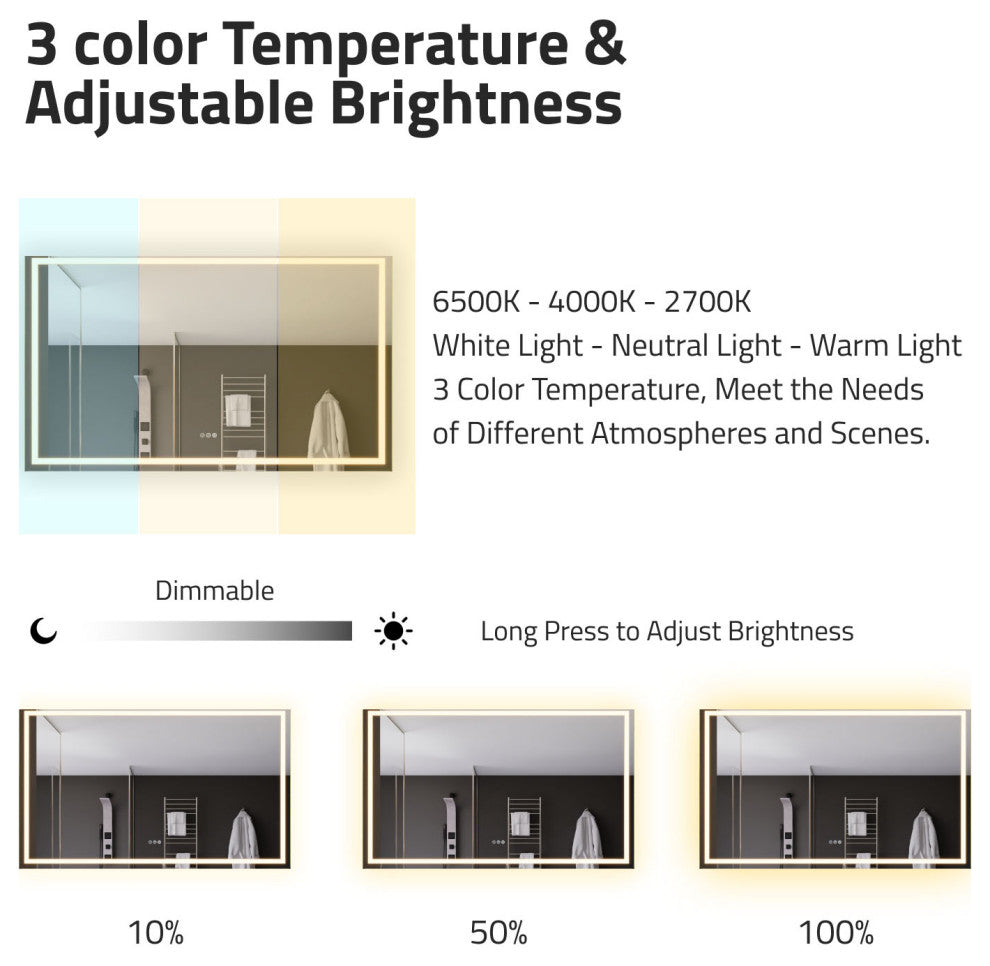 ANZZI 36" x 60" Frameless LED Front/Back Light Bathroom Mirror WithDefogger