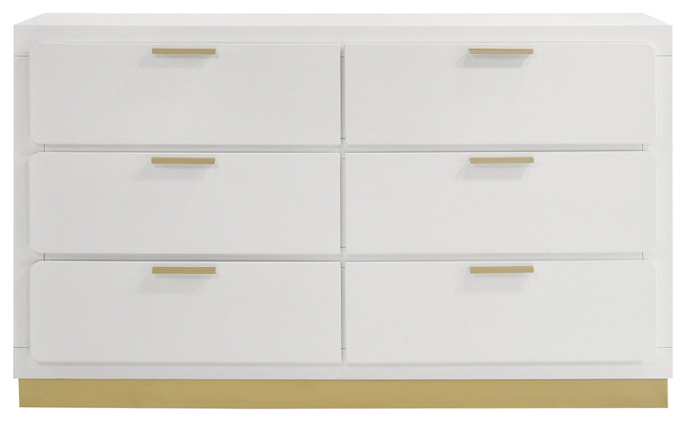 6 Drawers Wooden Nightstand With Bar Drawer Pulls, White and Gold
