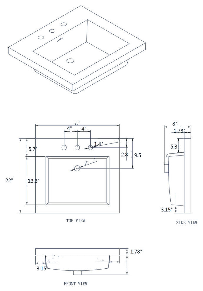 Eclipse 25"x22" Ceramic Vanity Top, White With 8" Widespread Drilling