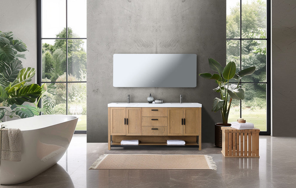 WINCHESTER Freestanding Modern Bathroom Vanity, Pecan Oak, 72", White Countertop