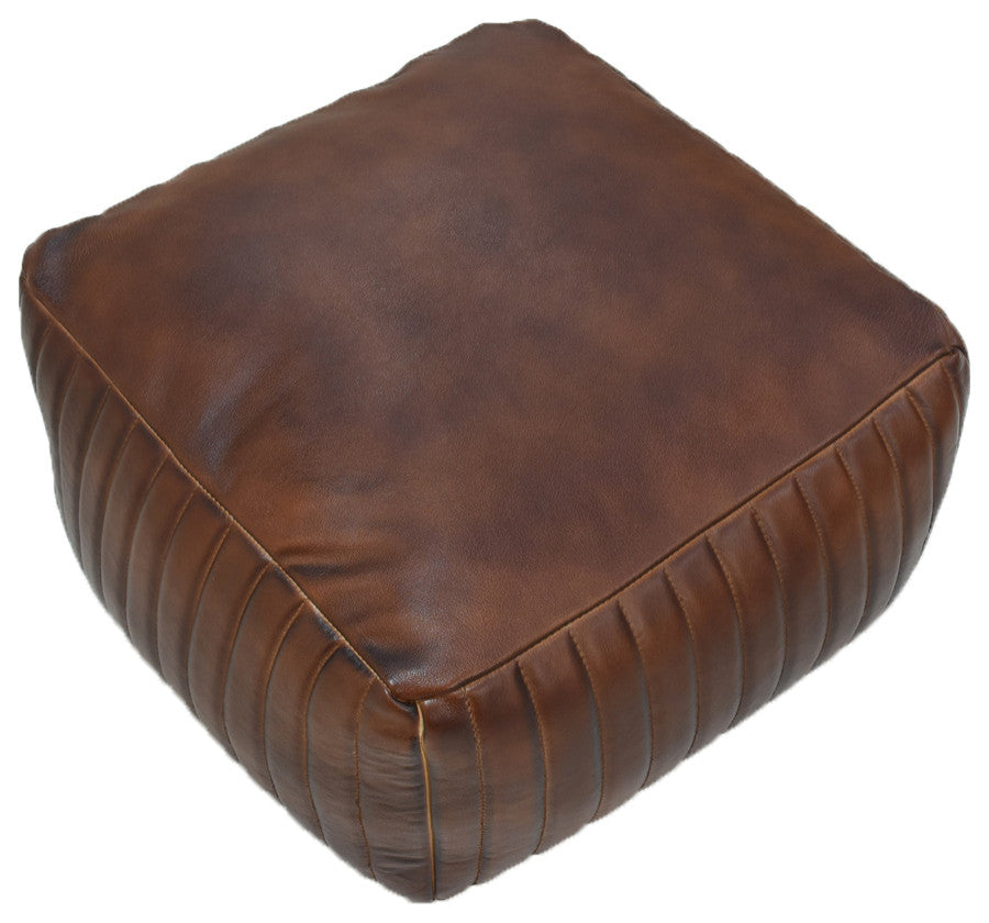 Poufs-Solid Handmade Goat Leather Pouf, Recycled Cotton Fill, Brown, Square [21x21x12]