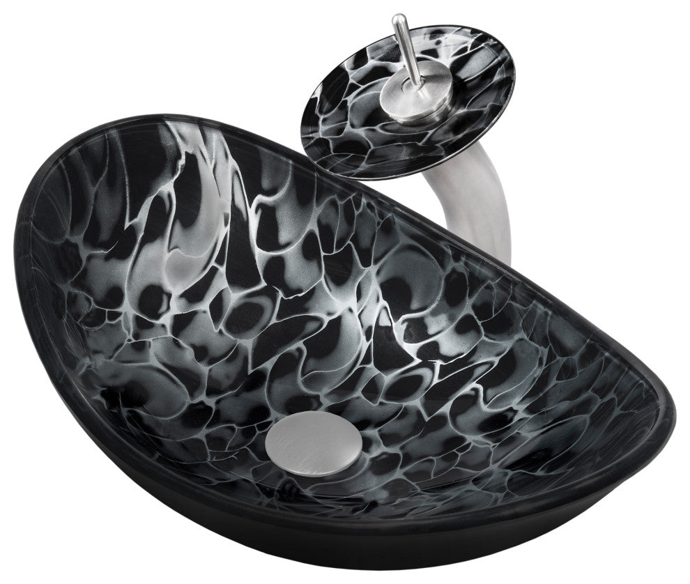 Tartaruga Oval Glass Vessel Sink Combo Set with Faucet and Drain, Brushed Nickel