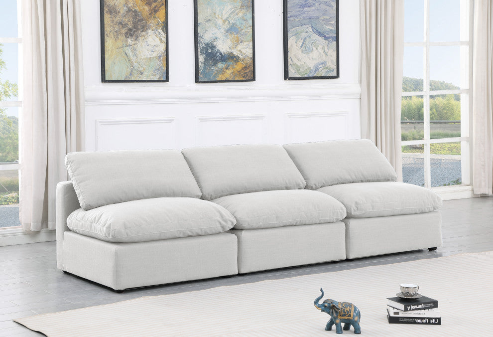 Indulge Upholstered Modular Sofa, White, 3-Piece: 3 Armless Chair, Down Stuffed Linen Textured Fabric