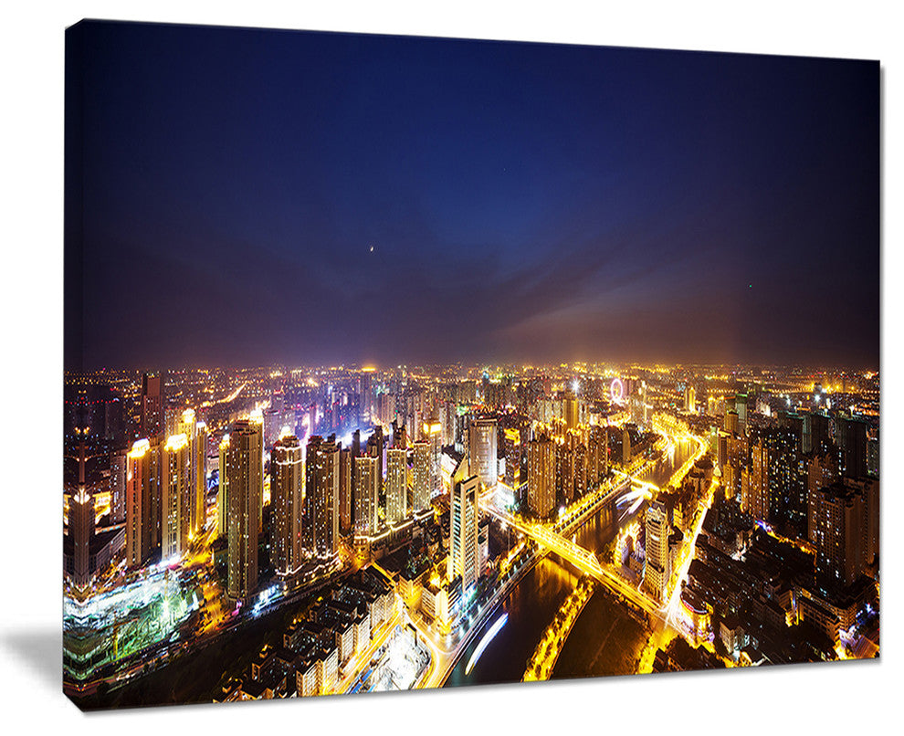 "Downtown Nighttime Panorama" Cityscape Artwork Canvas, 40"x30"