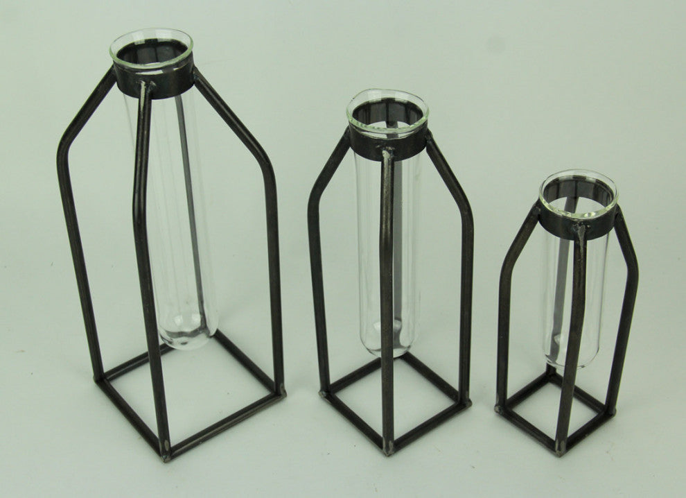 Modern Art Glass Tube Bud Vase with Metal Cage Frame Set of 3