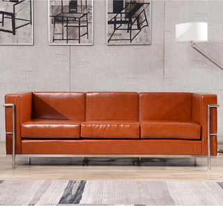 Modern Contemporary Cognac Leather Sofa With Encasing Frame