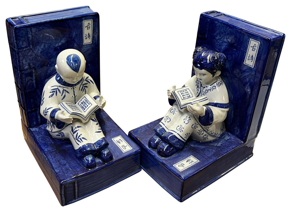 Porcelain Blue and White Kid Reading Book Figure Bookend Stopper Hws2707