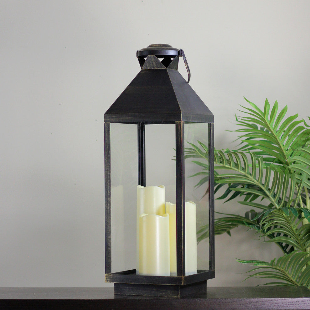 24" Large Gold Brushed Black Candle Lantern With Flameless LED Candles