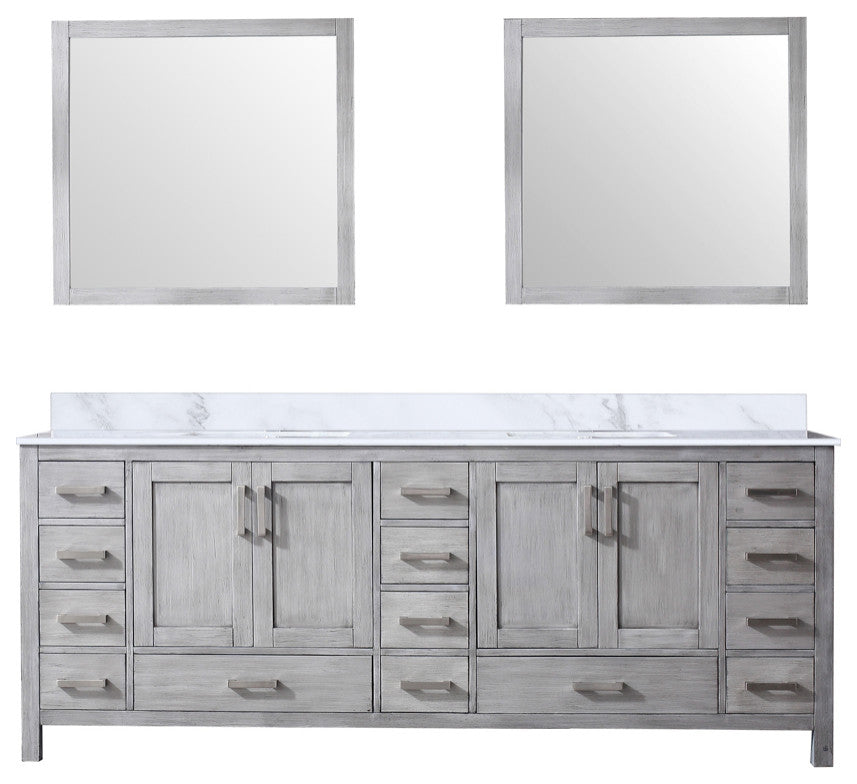 84" Distressed Gray Double Vanity, White Marble Top, White Sinks and 34" Mirrors