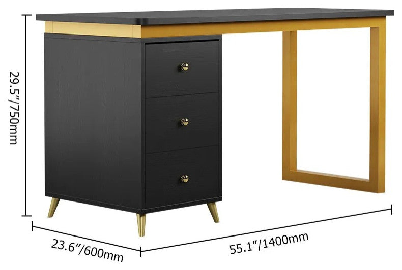 Modern 55" Black Wooden Home Office Writing Desk with Drawers in Gold