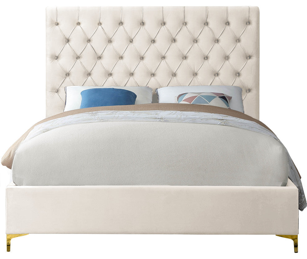 Cruz Velvet Upholstered Bed, Cream, Full