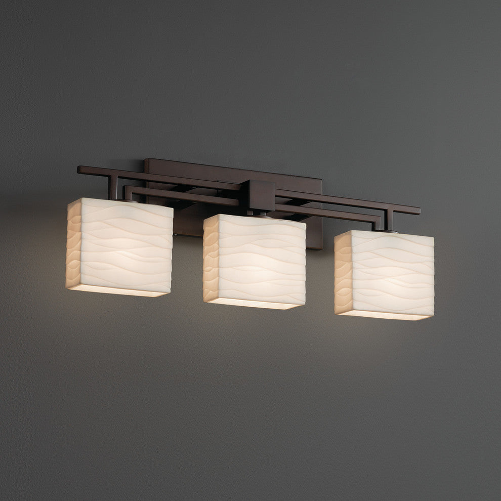 Porcelina Aero 3-Light Bath Bar, Rectangle, Dark Bronze, Waves Shade