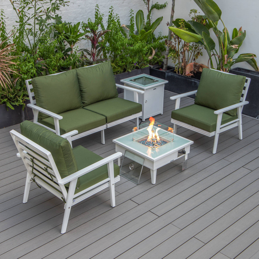 LeisureMod Walbrooke Patio Conversation Set With Fire Pit Table, Green