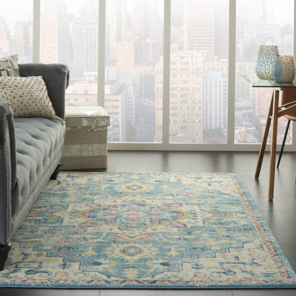 7 x 10 Light Blue and Ivory Distressed Area Rug