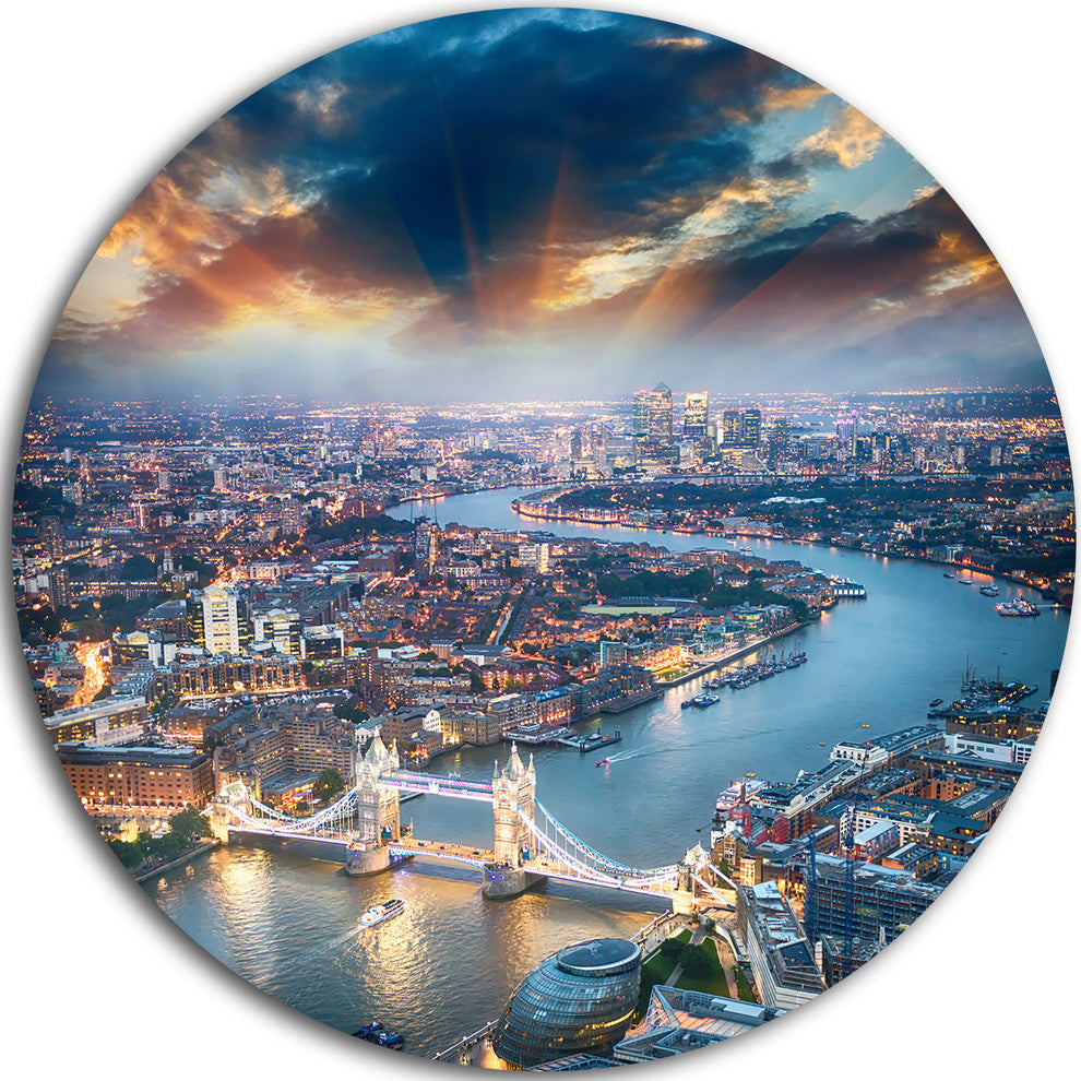 Aerial View Of London At Dusk, Cityscape Photo Disc Metal Wall Art, 23"