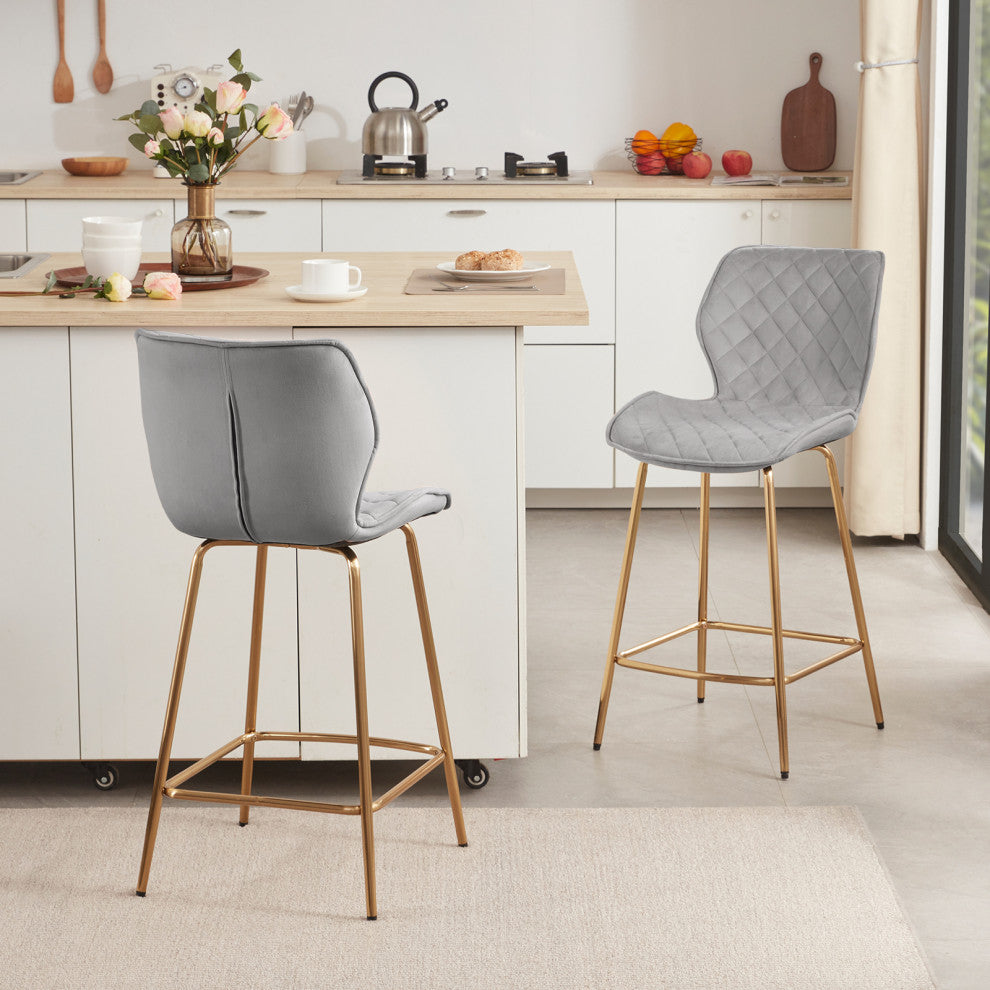 Set of 2 Curvy Diamond Stitched Velvet Bar Stools, Grey, 24 Inch