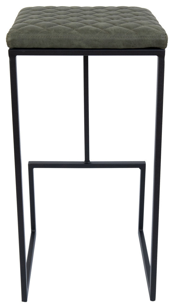 Quincy Square Barstool with Leather Seats and Metal Frame with Footrest, Olive Green
