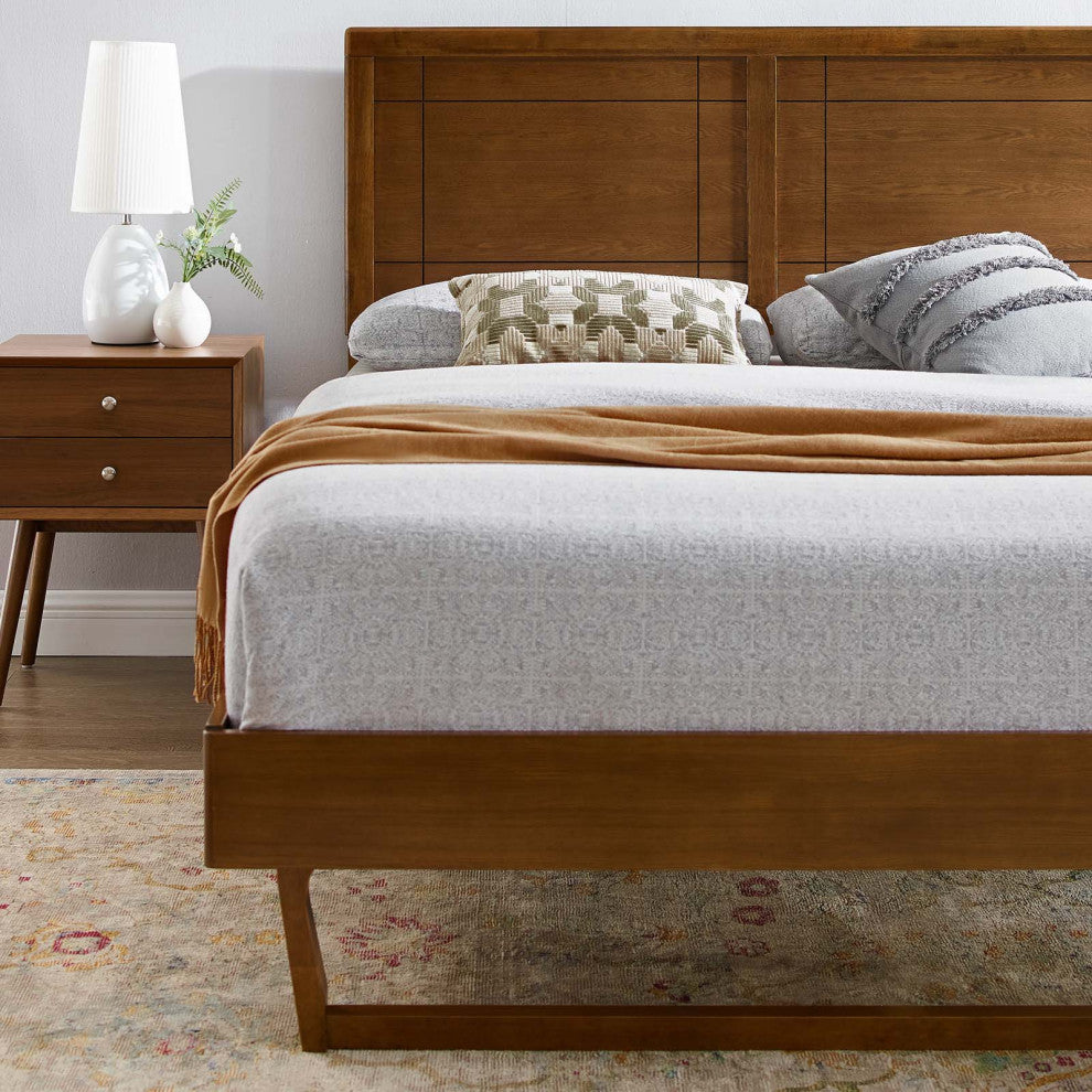 Platform Bed Frame, King Size, Wood, Brown Walnut, Modern Mid-Century, Bedroom