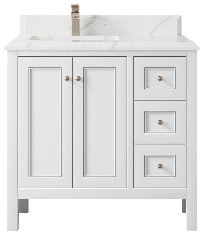 Nashville 36" Left Offset Bath Vanity, White 1.5" Calacatta Laza