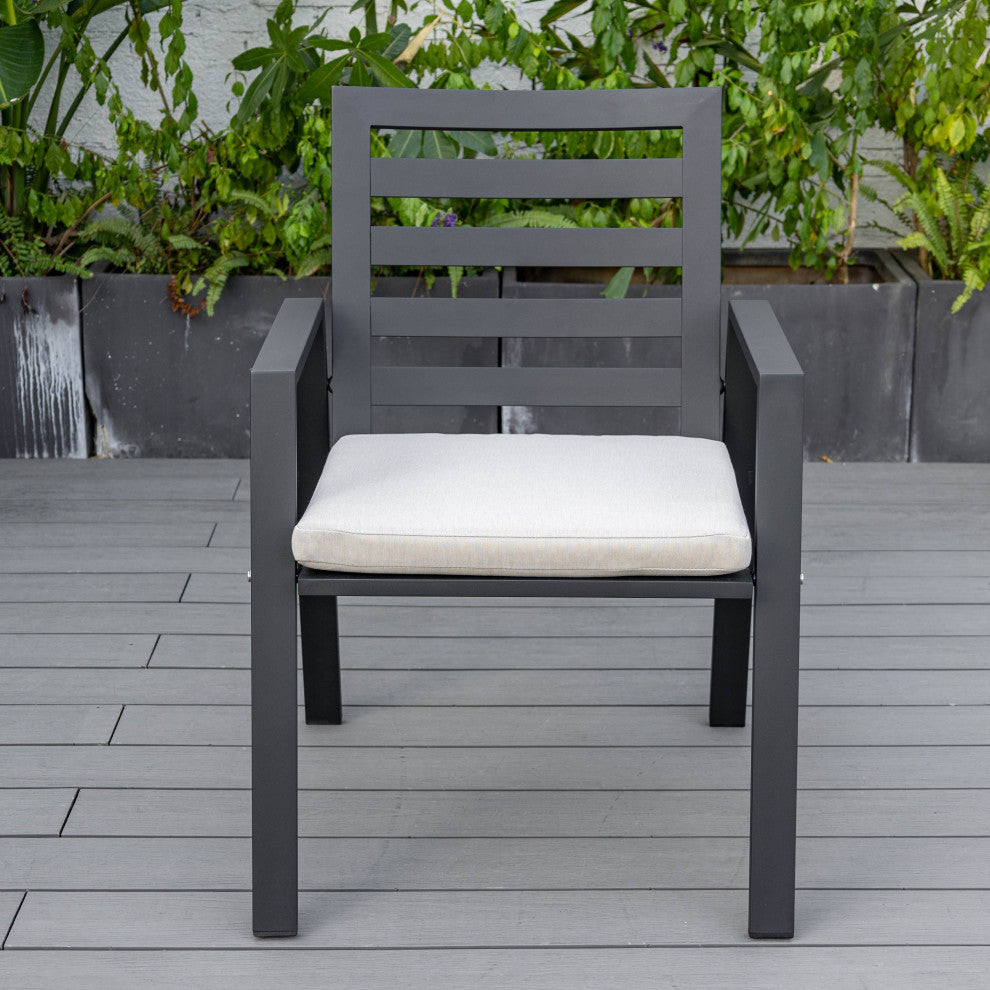 LeisureMod Chelsea Modern 7-Piece Outdoor Dining Set, Black Aluminum, Beige