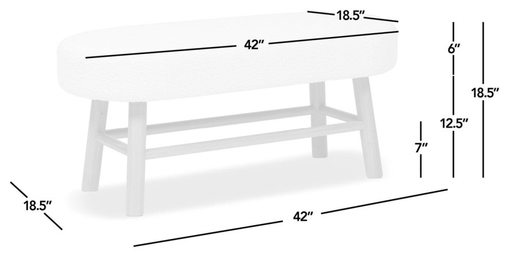 Fuji 42" Upholstered Accent Bench With Natural Wood Legs, Ivory White Boucle