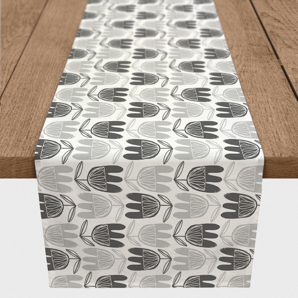 Mid Mod Gray Florals 16x90 Cotton Twill Runner