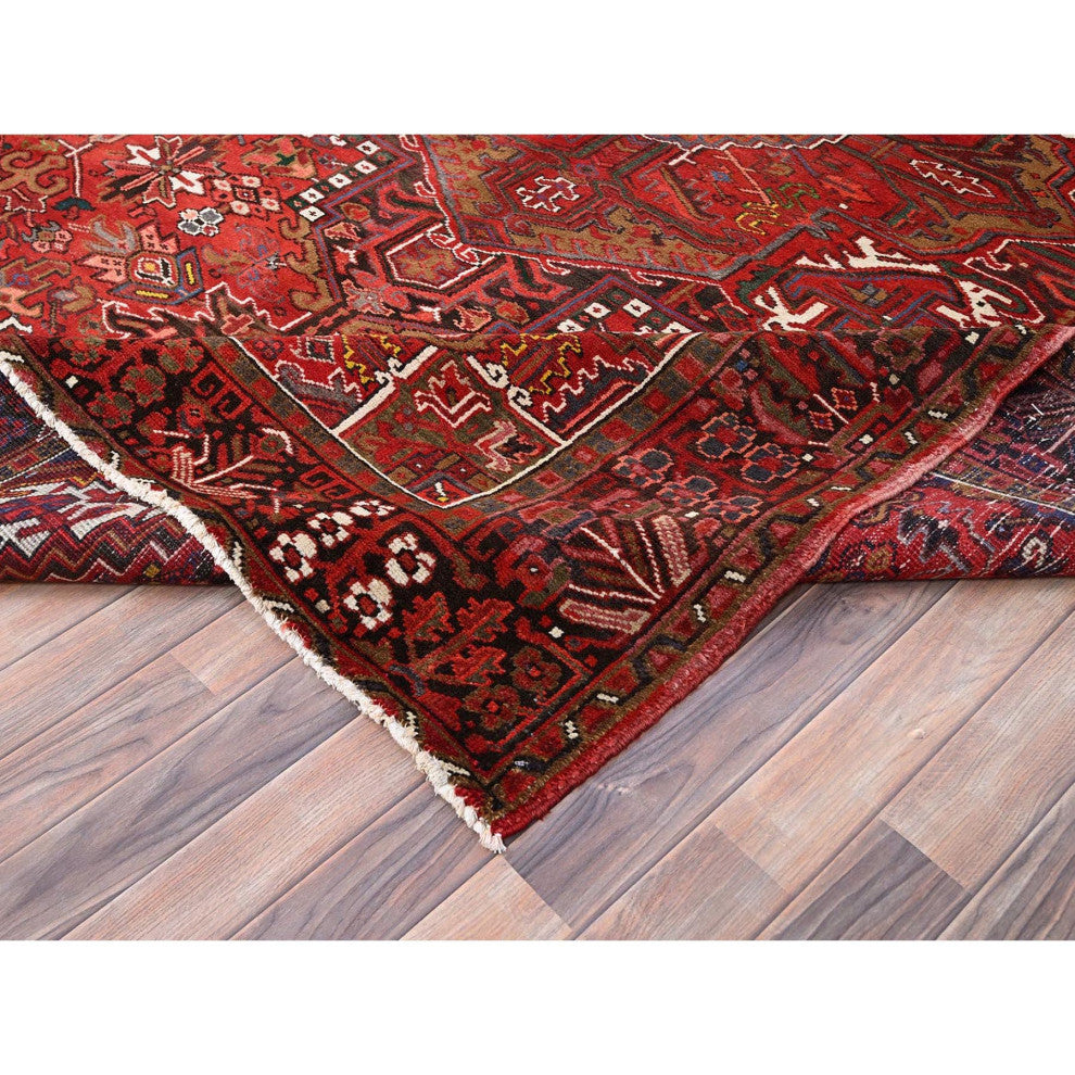 Imperial Red Semi Antique Persian Heriz Worn Wool Hand Knotted Rug 8'2"x11'3"