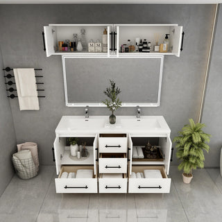 Victoria 60" Solid Wood Vanity Double Sink, Overhead Cabinet, Glossy White