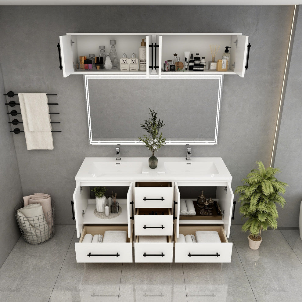 Victoria 60" Solid Wood Vanity Double Sink, Overhead Cabinet, Glossy White