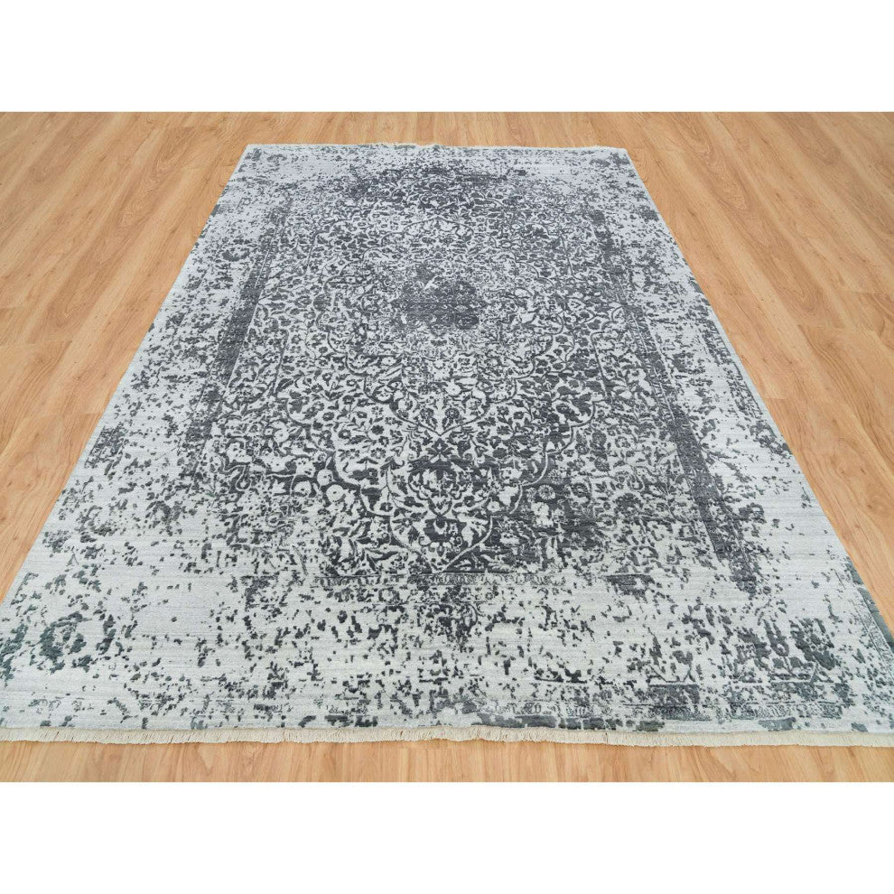 Ice Gray Wool and Silk Broken Design Hand Knotted Oriental Rug, 9'x12'2"