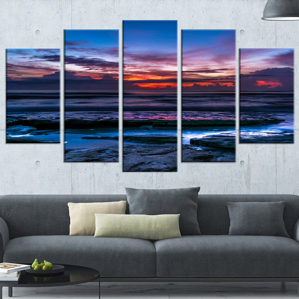 "Exotic Dark Blue Coquina Dawn" Beach Canvas Wall Art, 5 Panels, 60"x32"