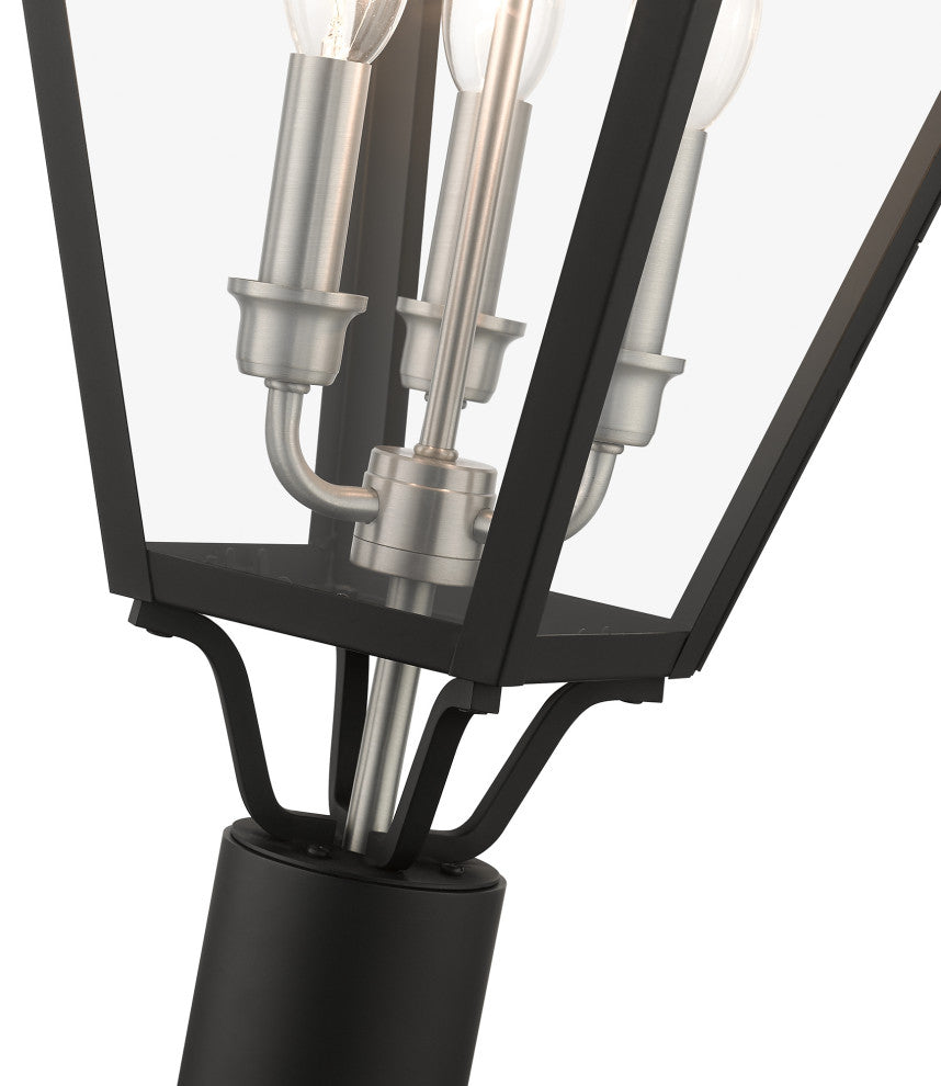 3 Light Black Outdoor Large Post Top Lantern, Brushed Nickel