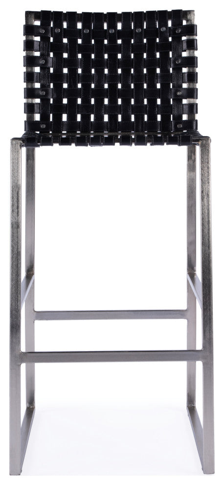 Urban Woven Genuine Leather Rectangular  28" Barstool, Black