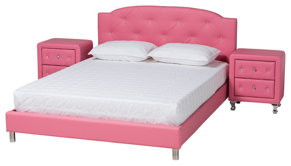 Canterbury Glam Pink Faux Leather Upholstered Queen Size 3-Piece Bedroom Set