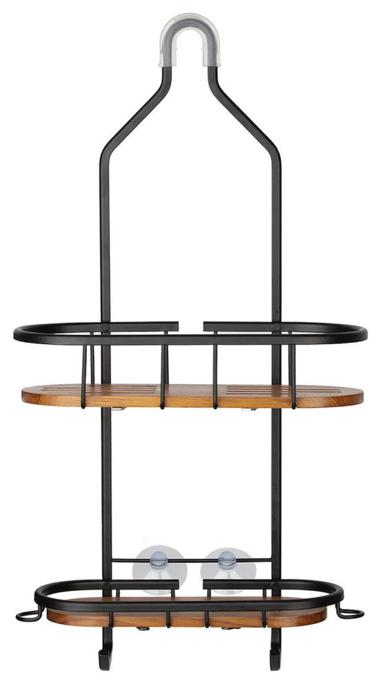 Utopia Alley Tia Rustproof Over the Shower Caddy, Teak Shelves, Matte Black