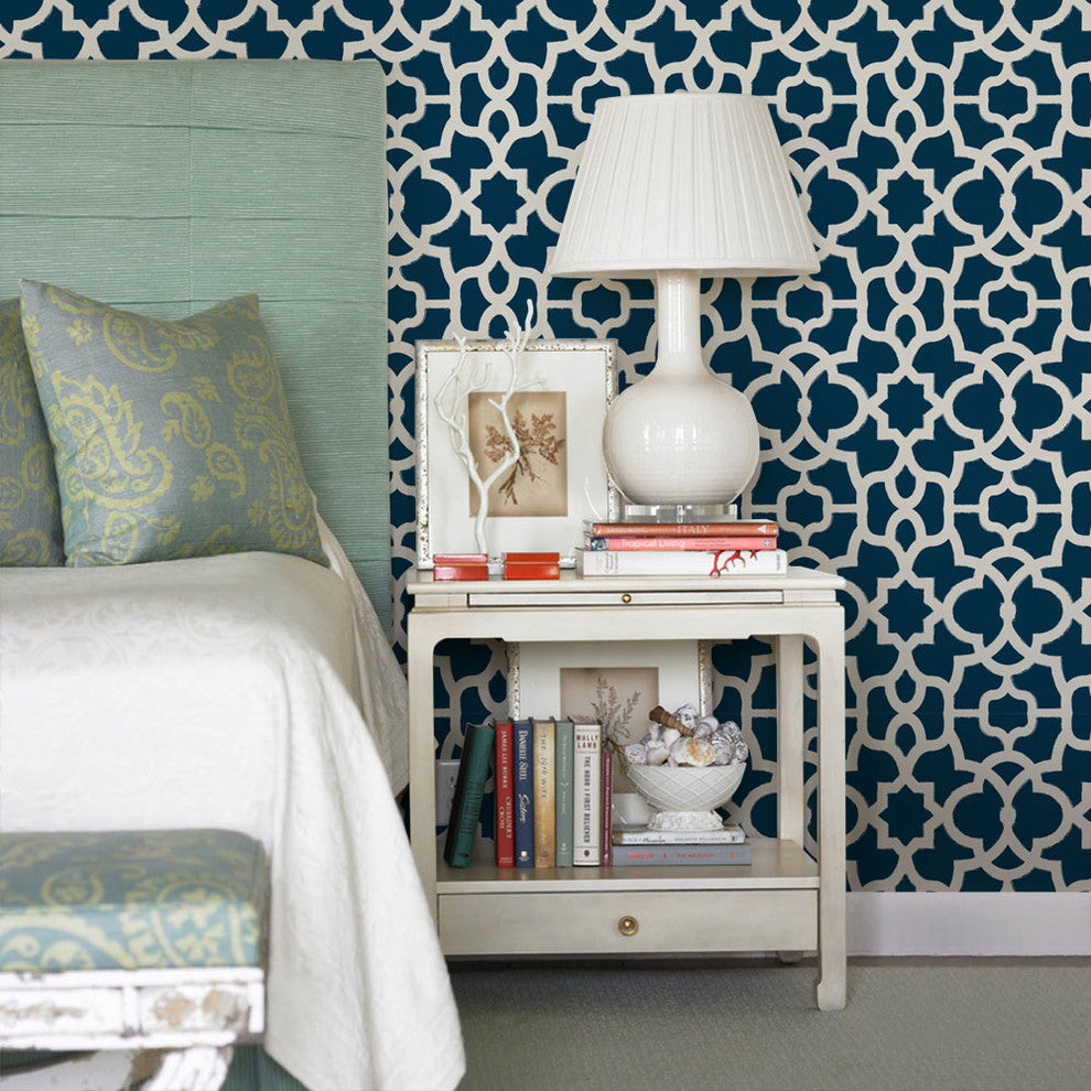 Trellis Peel and Stick Vinyl Wallpaper, White Navy, 24"w X 108"h